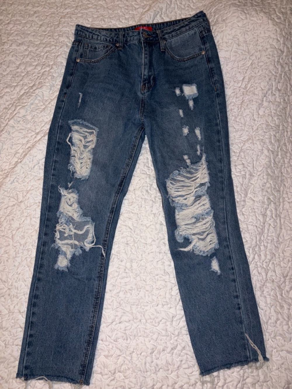 Distressed Dark Wash Ripped Jeans - High Rise